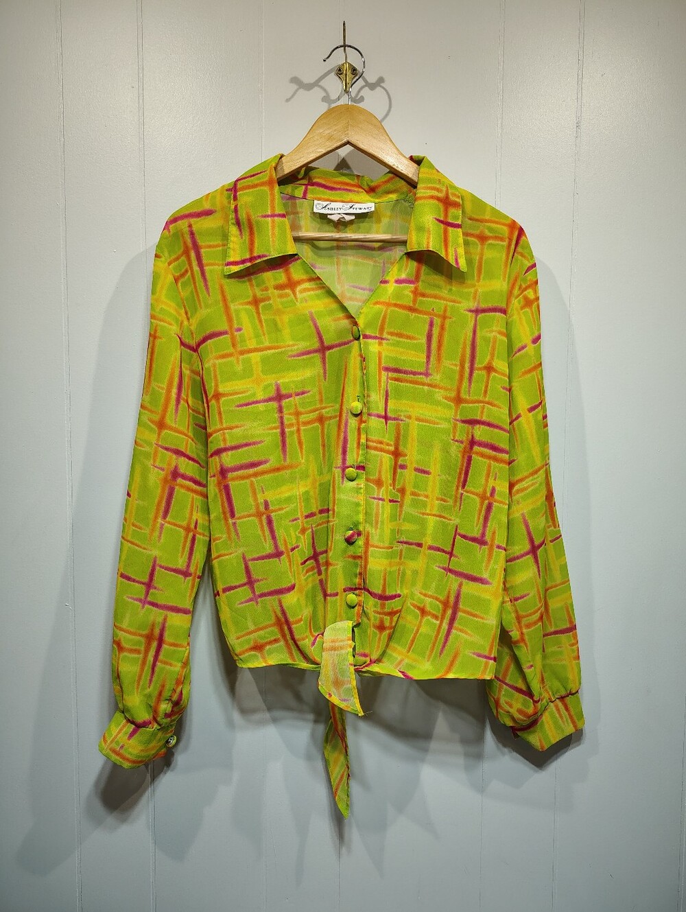 Ashley Stewart Tie Front Blouse Lime Green Size Large Vintage